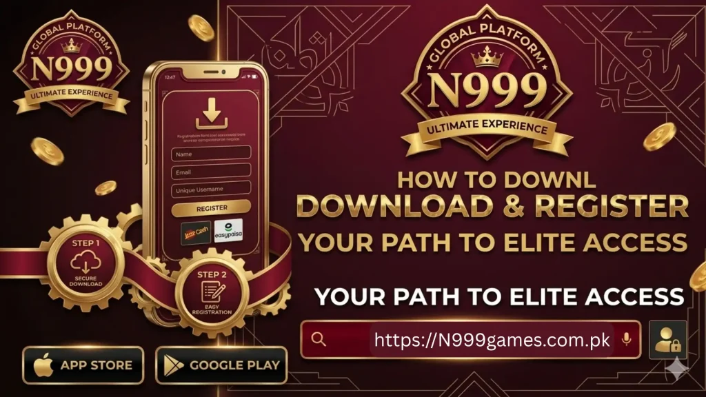N999 Game download and registration banner showing mobile app interface, secure download steps, Google Play, and App Store options.